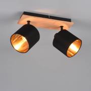 Tommy plafondspot, hout/zwart/goud, lengte 30 cm, 2-lamps.