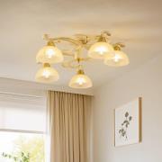 Plafondlamp Flora, vijf glazen kappen, wit/messing