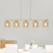 Castralvo hanglamp, lengte 115 cm, hout/amber, 5-lamps, glas