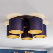 Plafondlamp Soho, cilindrisch, 5-lamps blauw/goud