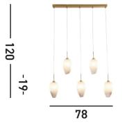 Rocky hanglamp, 5-lamps, lang, messingkleurig, staal, glas