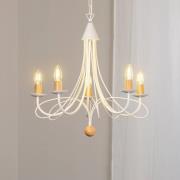 Kroonluchter Milvia, 5-lamps, wit/houtkleur, metaal